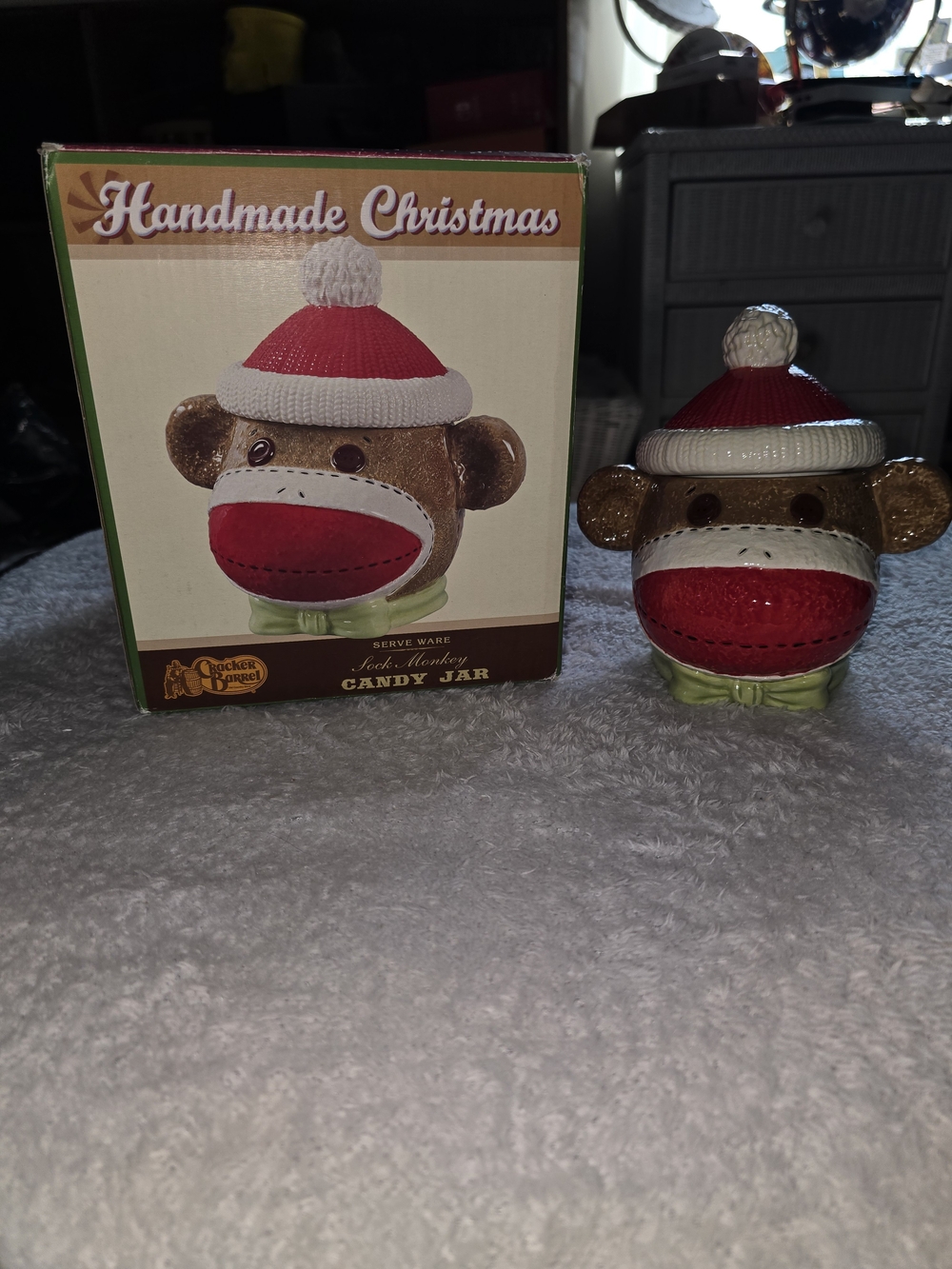 Cracker Barrel Handmade Christmas Sock Monkey Ceramic Candy Jar 2012 WITH BOX".